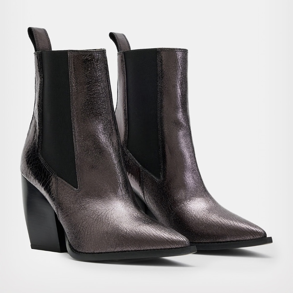 NWT All saints Ria Crinkle Leather Heeled Boots Gray Shiny Pointed Ankle Booties